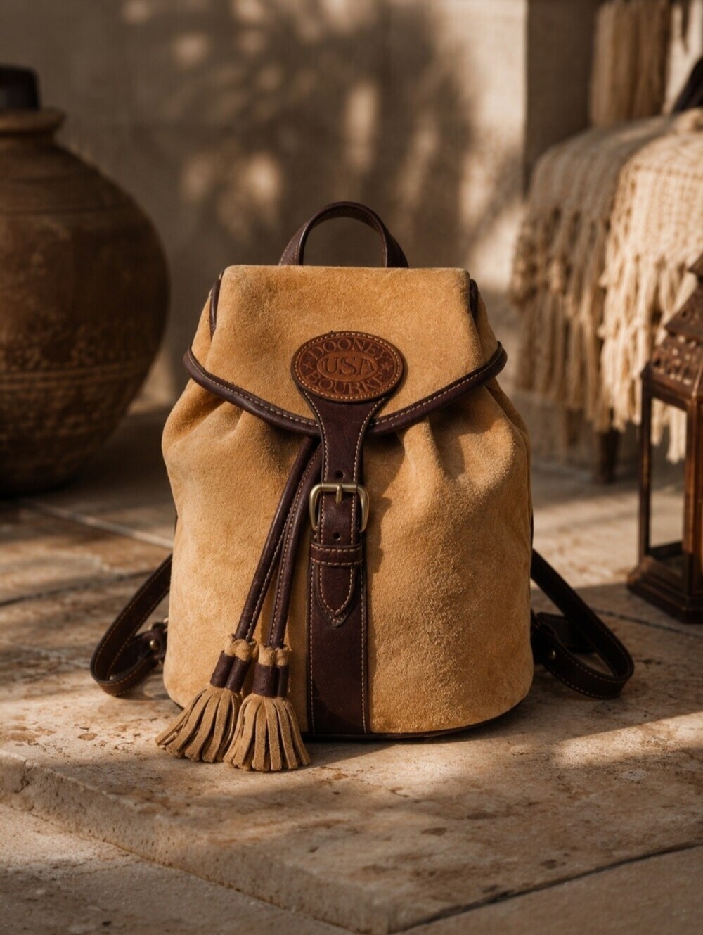 Vintage Dooney & Bourke Nubuck Suede Backpack AWL USA Tan Leather Tassel